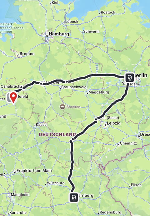 Landkarte der Bahnfahrt von Nürnberg via Berlin und Bielefeld nach Schloß Holte