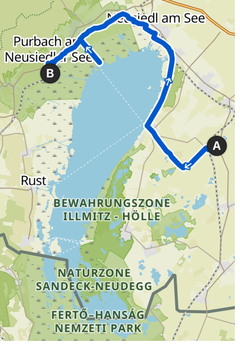 Route der Hinfahrt von Frauenkirchen über Podersdorf nach Purbach